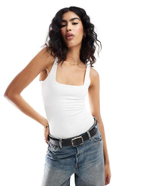 ASOS DESIGN - Body con scollo rotondo a doppio strato in cotone bianco