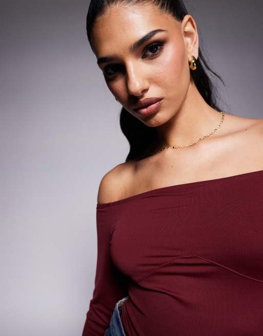 ASOS DESIGN - Body con spalle scoperte bordeaux con dettaglio sotto il seno, 3 di 4