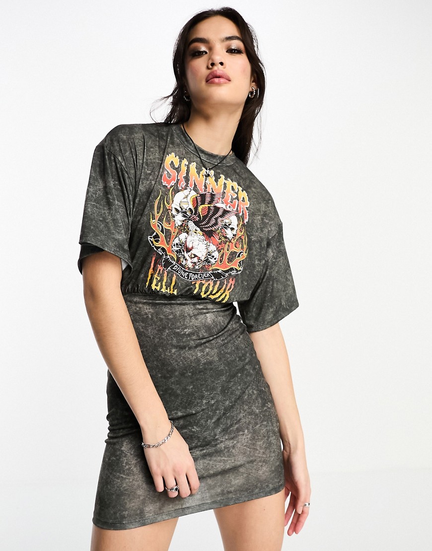 ASOS DESIGN body-conscious t-shirt dress with oversized top with sinner graphic in gray-Multi