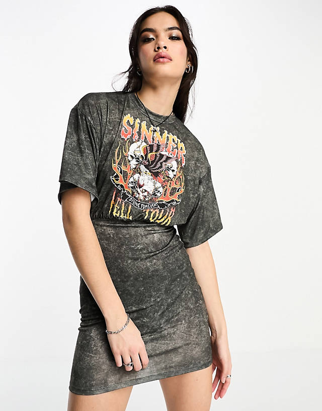ASOS DESIGN body-conscious t-shirt dress with oversized top with sinner graphic in gray