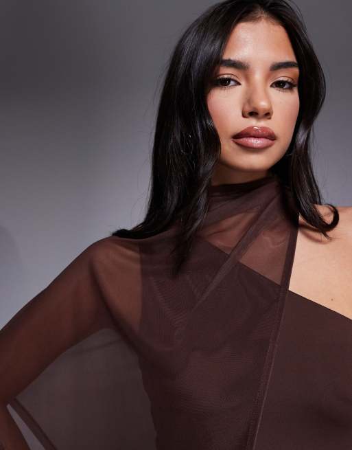 ASOS DESIGN - Body drapé asymétrique façon cape en tulle - Chocolat, 2 de 4