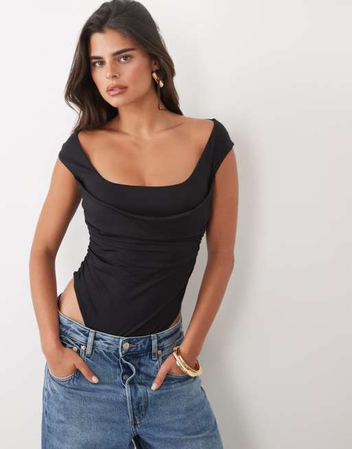 ASOS DESIGN body drappeggiato in poliammide nero, 2 di 4