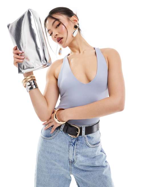 ASOS DESIGN - Body effet seconde peau avec col V et détail torsadé dans le dos - Bleu sombre