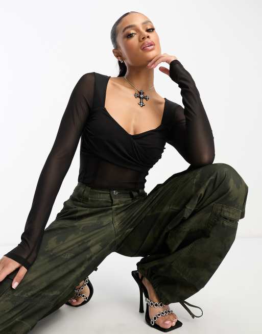 ASOS DESIGN - Body en tulle coupe cache-cœur à manches longues et empiècements - Noir, 4 de 4
