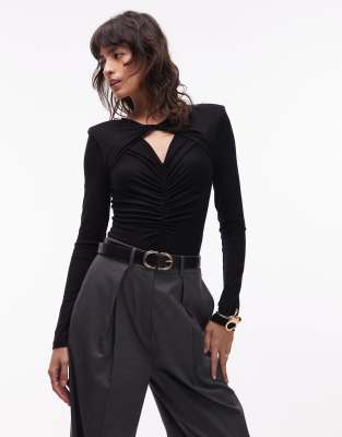 ASOS DESIGN - Body froncé à manches longues avec épaulettes - Noir