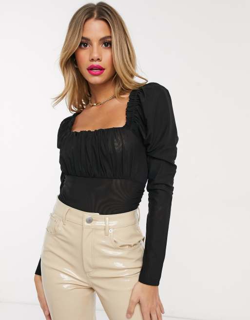 ASOS DESIGN - Body froncé en tulle à encolure carrée - Noir