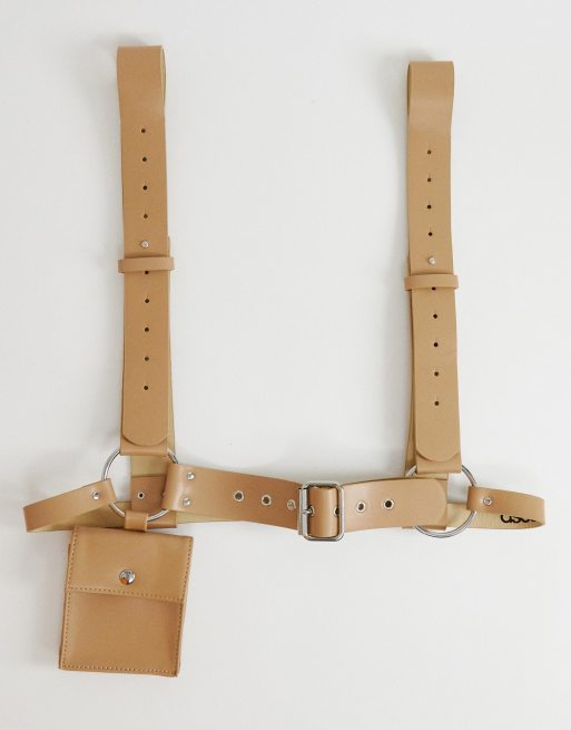 ASOS DESIGN body harness in beige faux leather with mini bag