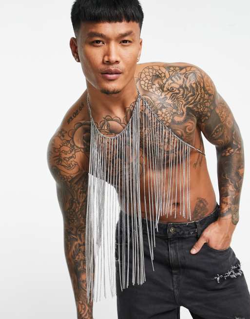 ASOS DESIGN body harness singlet with fringing in silver tone 