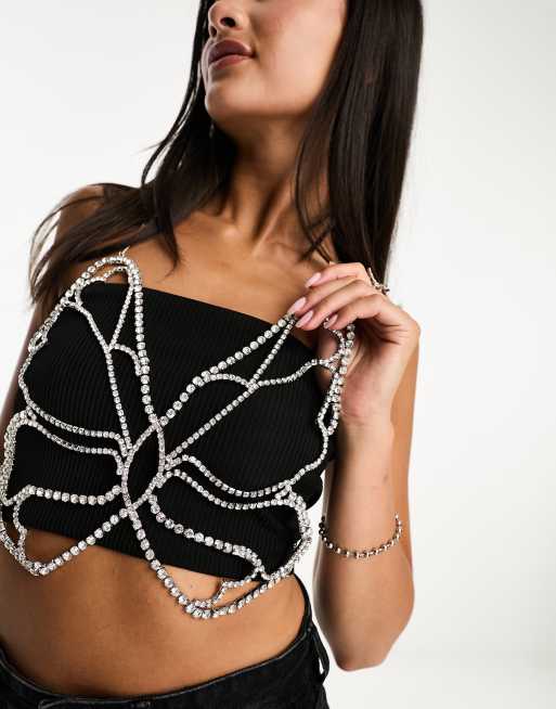 ASOS DESIGN body harness with crystal butterfly design in silver tone