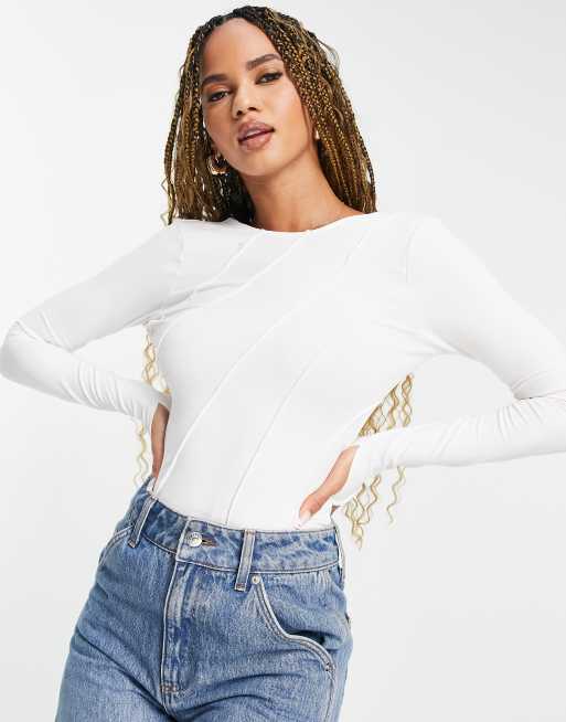 ASOS DESIGN – Body in Ecru mit sichtbaren Nähten und Daumenlöchern