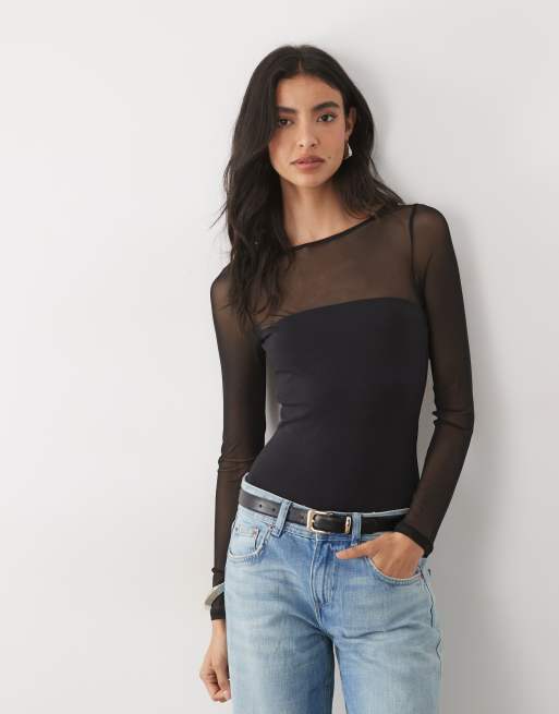 ASOS DESIGN body in misto cotone e rete compatta con dettaglio cut-out nero, 1 di 4