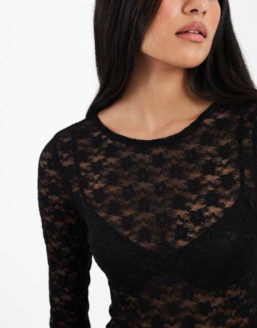 ASOS DESIGN - Body in pizzo trasparente nero a maniche lunghe, 3 di 4