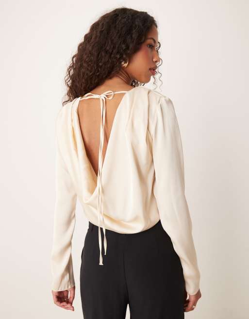 ASOS DESIGN - Body in raso color ostrica con scollo ad anello, 3 di 4