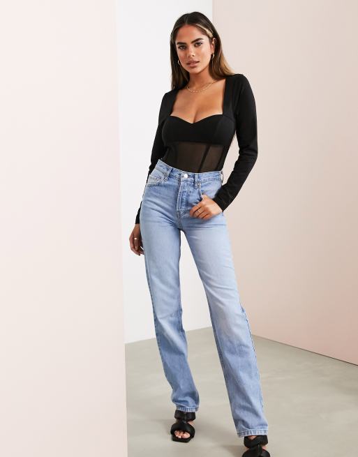 ASOS DESIGN – Korsett-Oberteil in Schwarz mit One-Shoulder-Träger,  Zierausschnitt und Netzstoff-Einsatz