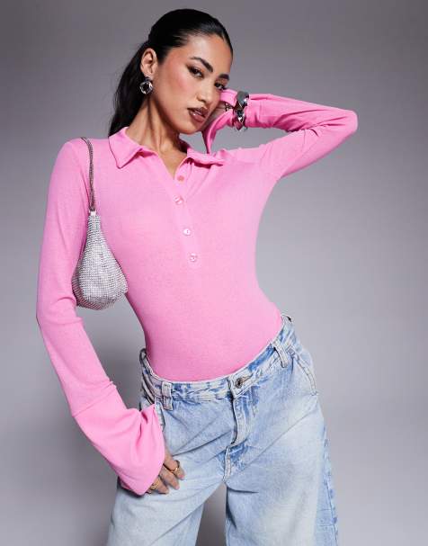 ASOS DESIGN - Body in tessuto a rete testurizzato rosa con colletto e polsini - view 1