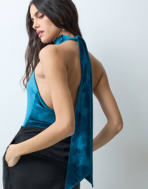 ASOS DESIGN body in velluto allacciato al collo con fiocco in verde petrolio, 2 di 5
