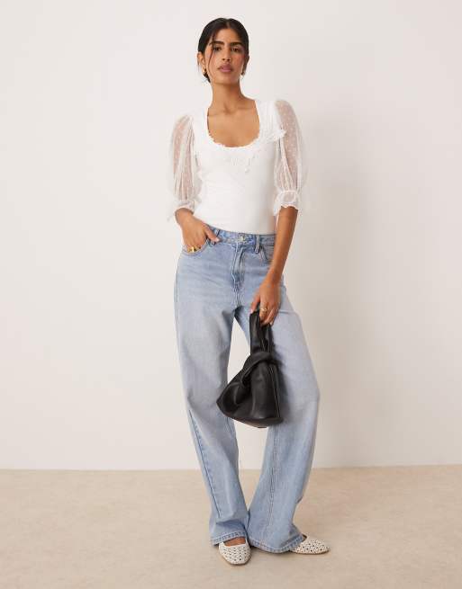 ASOS DESIGN – Body in Weiß aus genopptem Netzstoff mit Herzausschnitt und Puffärmeln, 3 von 4