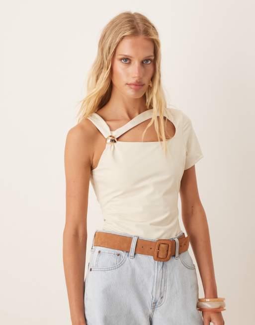 ASOS DESIGN - Body liscio color pietra con dettaglio in metallo e cut-out