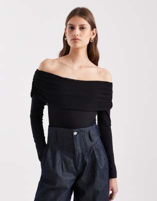 Body manches longues à encolure Bardot en tulle et coton - Noir XS