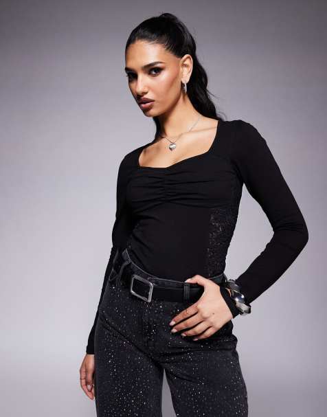 ASOS DESIGN - Body manches longues avec fronces sur le buste et empiècement en dentelle - Noir - view 1