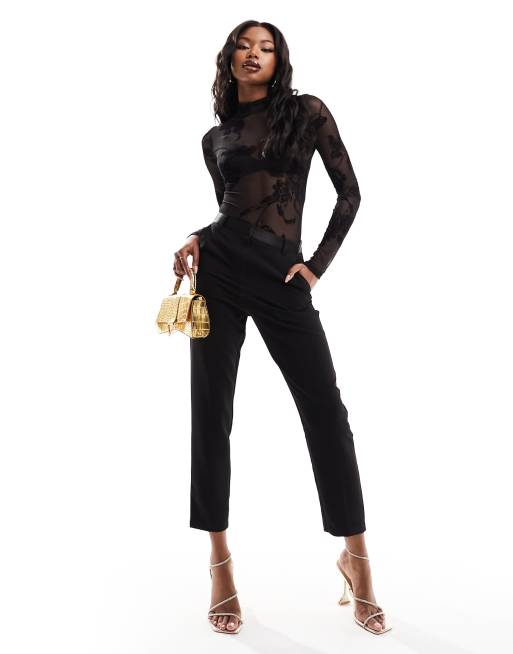 ASOS DESIGN - Body manches longues en tulle avec col montant et fleurs floquées - Noir, 2 de 4