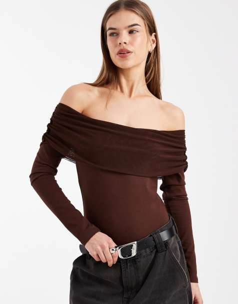 ASOS DESIGN - Body manches longues en tulle et coton à superpositions avec encolure Bardot - Chocolat - view 1