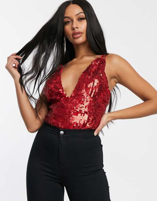 ASOS DESIGN — Body med dyb udskæring og pailletter