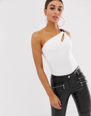 ASOS DESIGN one shoulder body in scuba with clip-White White