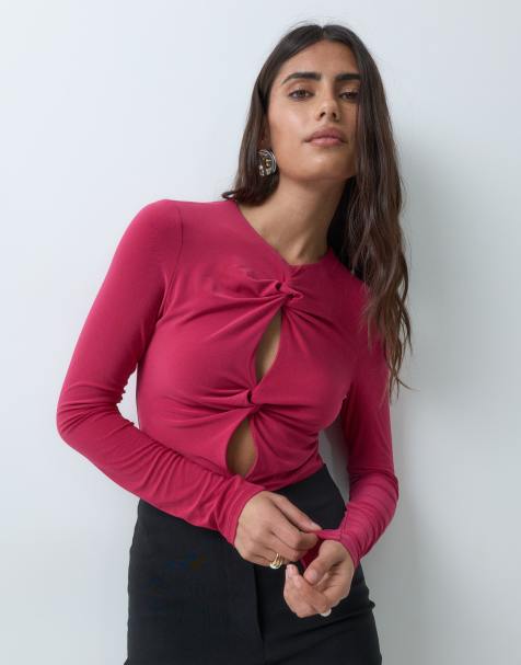 ASOS DESIGN body met gedraaide voorkant en lange mouwen in roze - view 1