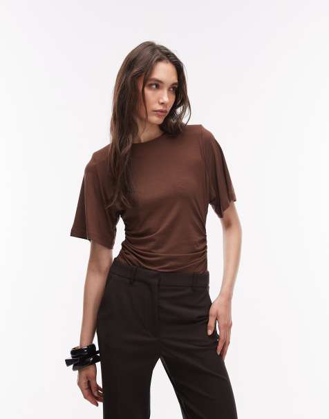 ASOS DESIGN - Body met korte mouwen en schoudervullingen in chocoladebruin - view 1