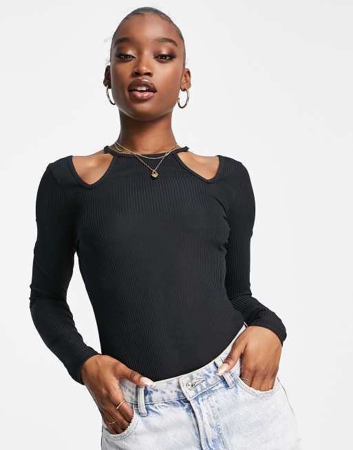 ASOS DESIGN - Body met lange mouwen en dubbele uitsnijding bij de schouder in zwart