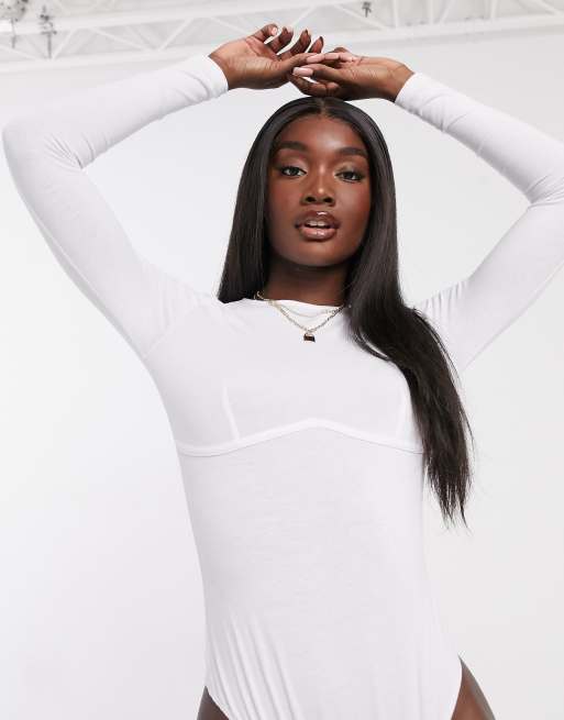 ASOS DESIGN - Body met lange mouwen en korsetnaden bij buste in wit, 3 van 4