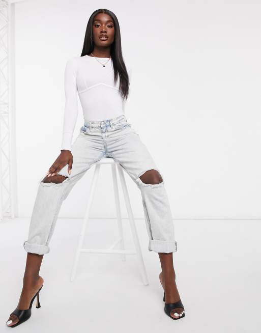 ASOS DESIGN - Body met lange mouwen en korsetnaden bij buste in wit, 4 van 4
