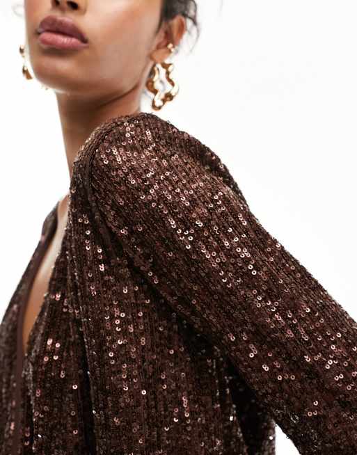 ASOS DESIGN - Body met overslag, blousonmouwen en lovertjes in chocoladebruin , 2 van 4