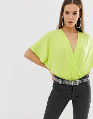 ASOS DESIGN - Body cache-cur à manches ange - Vert fluo - Vert