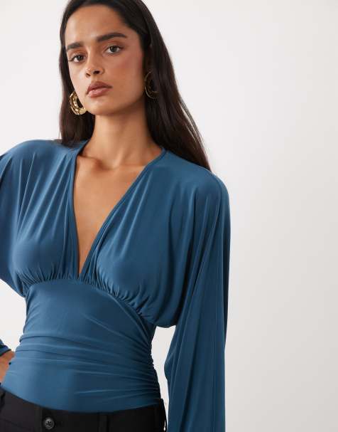 ASOS DESIGN Body mit langen Ärmeln und tiefem Ausschnitt vorn in Petrol - view 1