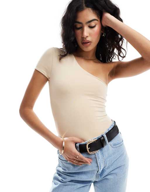 ASOS DESIGN - Body monospalla color pietra con maniche ad aletta