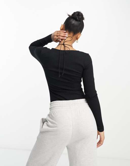 ASOS DESIGN - Body nero a coste a maniche lunghe con scollo profondo , 2 di 4
