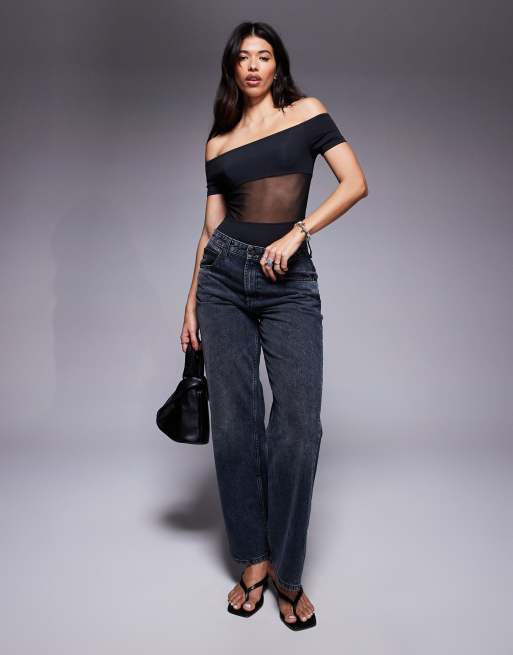 ASOS DESIGN - Body près du corps à encolure Bardot et empiècements en tulle - Noir, 3 de 4