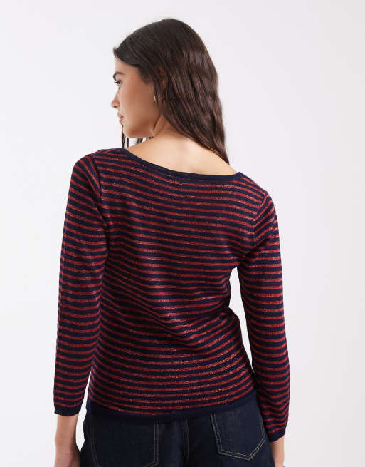 ASOS DESIGN Body-Pullover mit Strickdetails und U-Ausschnitt in roten und marineblauen Streifen, 4 von 4