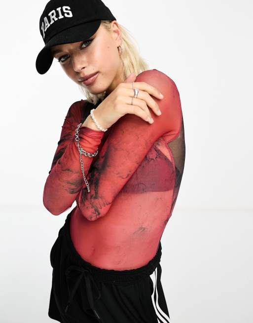 ASOS DESIGN - Body ras de cou à manches longues en tulle imprimé - Noir/rouge, 2 de 4