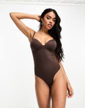 ASOS DESIGN - Mila - Body gainant en tulle à manches courtes - Marron