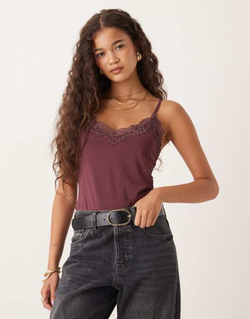 ASOS DESIGN - Body sinuoso color mora con finiture in pizzo