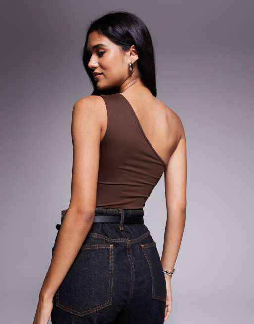 ASOS DESIGN - Body sinuoso monospalla color cioccolato in poliammide, 4 di 4
