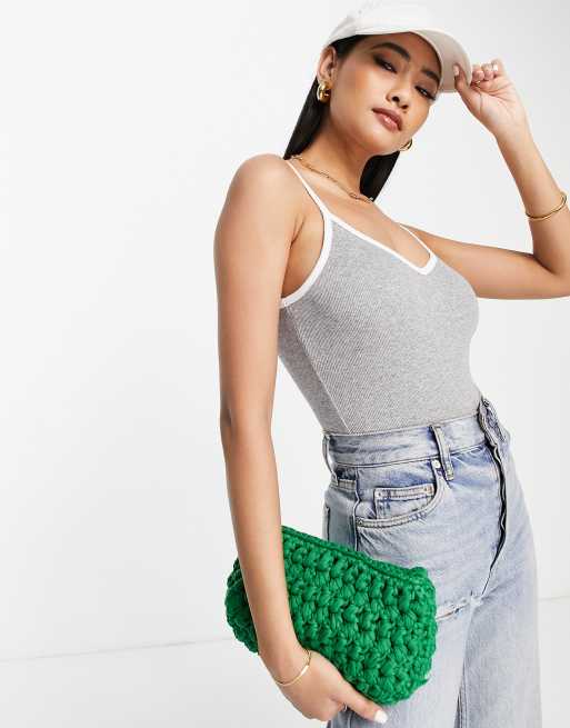ASOS DESIGN - Body style caraco côtelé à bordures contrastées - Gris chiné