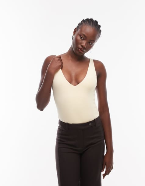 ASOS DESIGN - Body van compact katoen met V-hals in lichtgeel - view 1