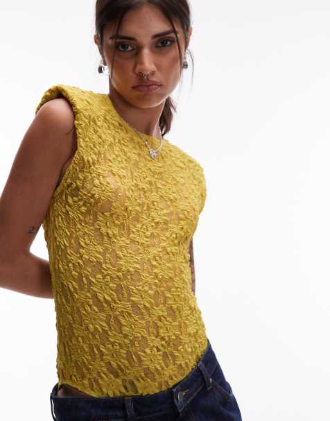 ASOS DESIGN - Body van doorschijnend kant met schoudervullingen in olijfgroen - view 1