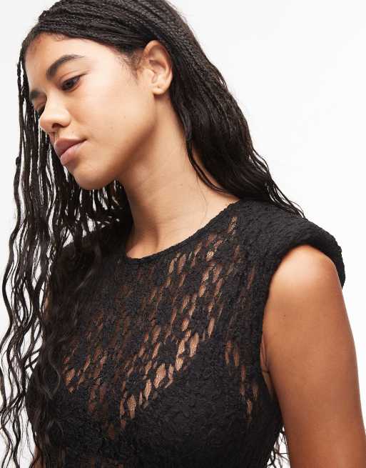 ASOS DESIGN - Body van doorschijnend kant met schoudervullingen in zwart, 2 van 4