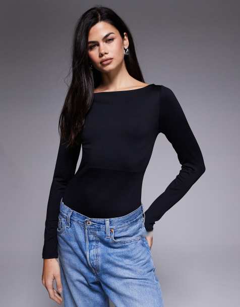 ASOS DESIGN - Body van glad polyamide met boothals in zwart - view 1