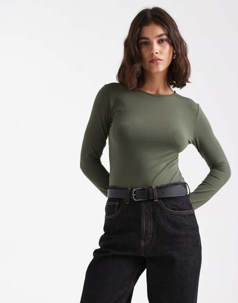 ASOS DESIGN - Body van glad polyamide met lange mouwen in kaki - view 1